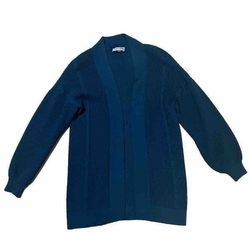 Vintage Shane St. John Womens Large Cable Knit Long Cardigan Sweater Teal Ribbed